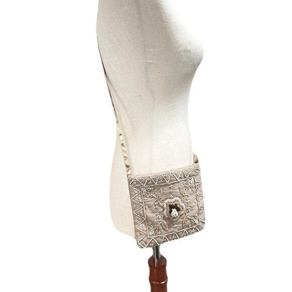 Cottage Core Tan Small Beaded Cloth Bag Boho Chic EuroSummer - Picture 8 of 8